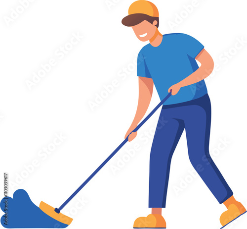 flat drawing of janitor mopping floor, line art vector illustration