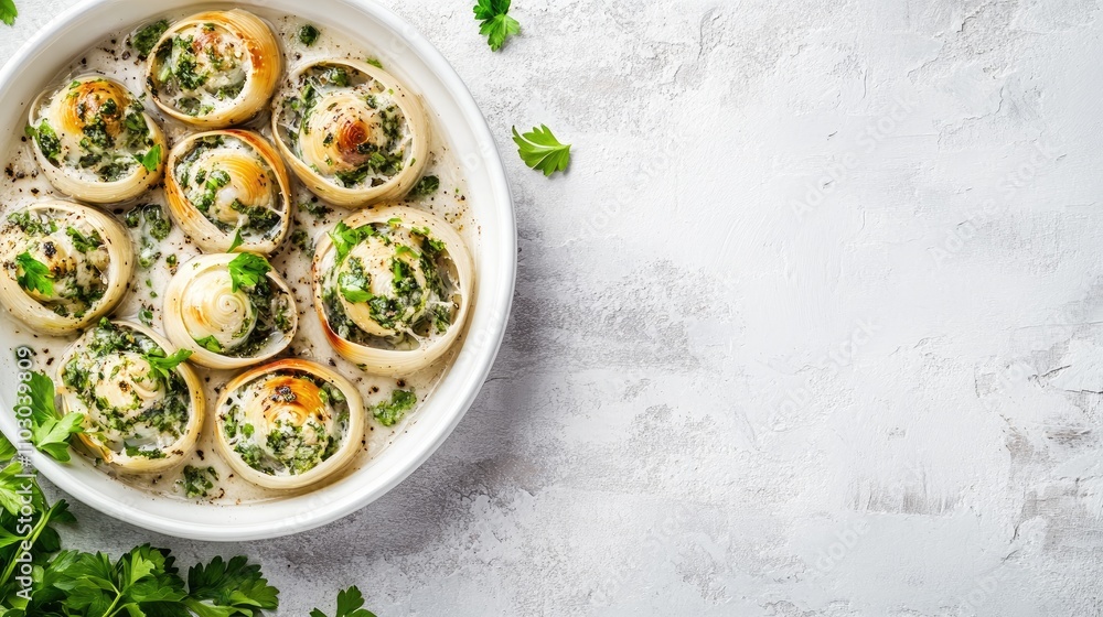 Garlic herb butter snails served in a white dish, garnished with fresh herbs, against a light gray background with ample copy space. Garlic herb butter snails served in a white dish, garnished with fresh herbs, against a light gray background with ample copy space.