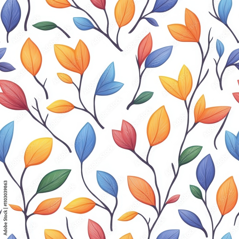 A vibrant pattern of colorful leaves and branches on a white background, showcasing a playful and natural design. A vibrant pattern of colorful leaves and branches on a white background, showcasing a playful and natural design.