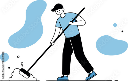 flat drawing of janitor mopping floor, line art vector illustration