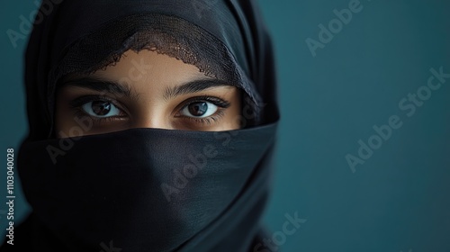 Mysterious individual with intense eyes partially concealed by a black scarf and hood, against a solid blue backdrop ready for text inclusion. photo