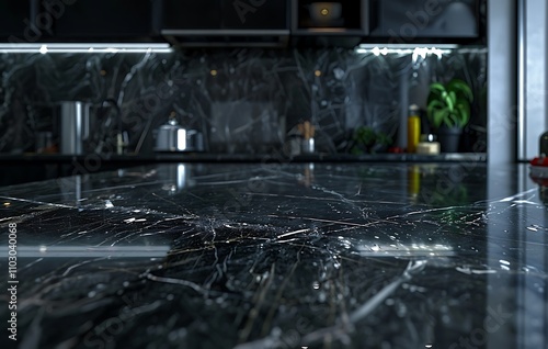 Luxurious Black Marble Kitchen Counter with Close-Up photo