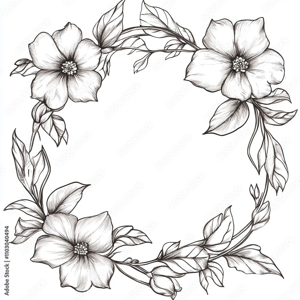Obraz premium Circular Floral Line Art Wreath in Black and White