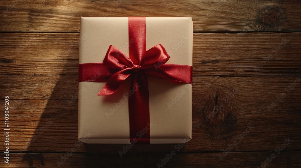 Gift-wrapped craft paper box adorned with a vibrant red satin ribbon, positioned on a rustic wooden surface, ideal for festive occasions and creating a warm atmosphere. Gift-wrapped craft paper box adorned with a vibrant red satin ribbon, positioned on a rustic wooden surface, ideal for festive occasions and creating a warm atmosphere.