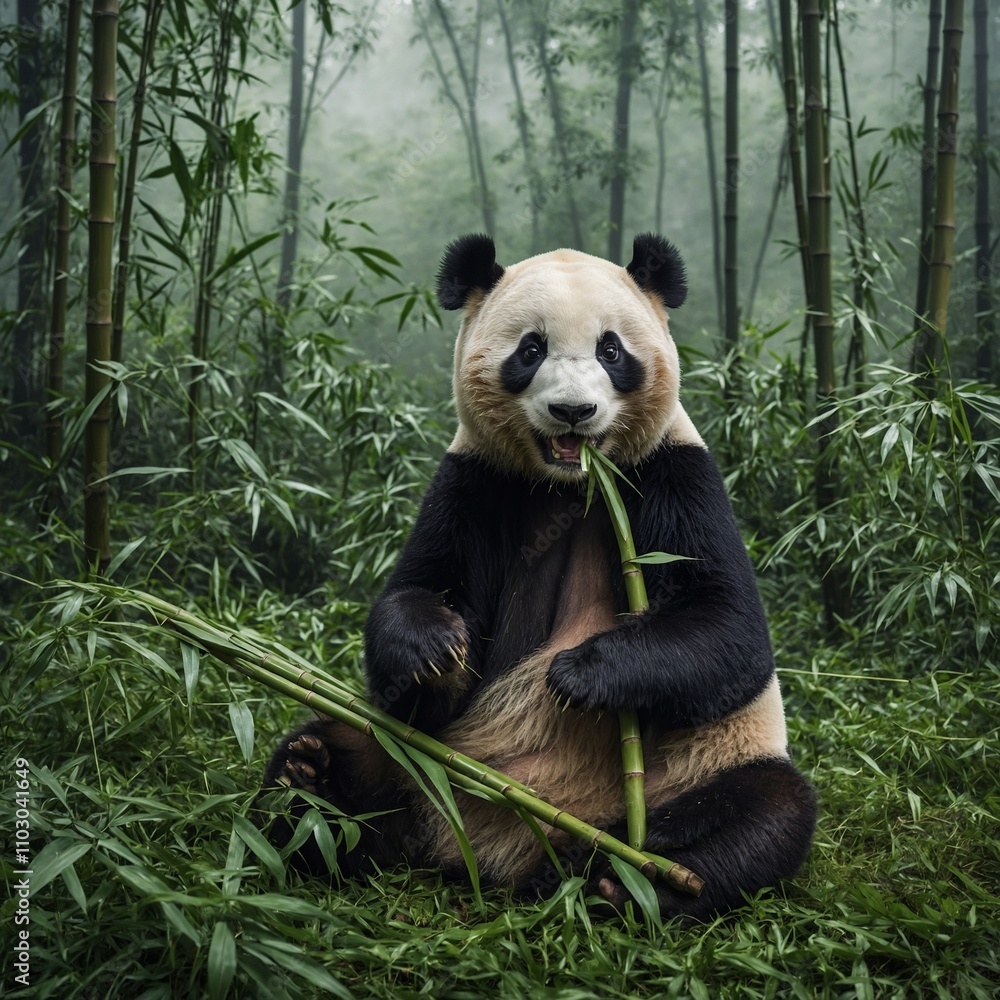 Obraz premium A giant panda eating bamboo in a lush green forest, surrounded by mist.