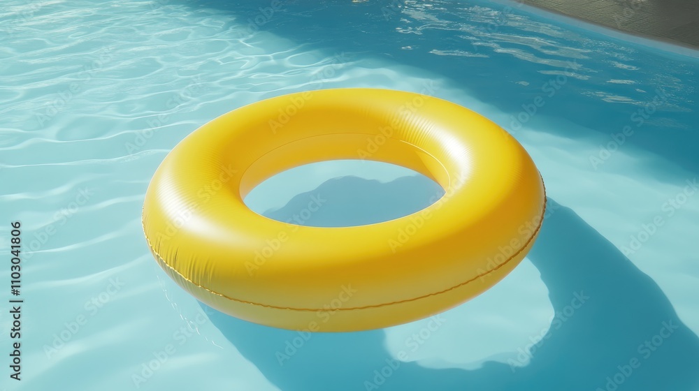 Bright yellow inflatable pool float ring gently floating in a serene blue swimming pool under a warm sunlight ambiance. Bright yellow inflatable pool float ring gently floating in a serene blue swimming pool under a warm sunlight ambiance.