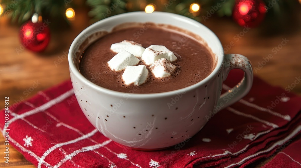 Festive backdrop with a cozy cup of homemade hot chocolate topped with fluffy marshmallows, surrounded by holiday decorations and warm lights. Festive backdrop with a cozy cup of homemade hot chocolate topped with fluffy marshmallows, surrounded by holiday decorations and warm lights.