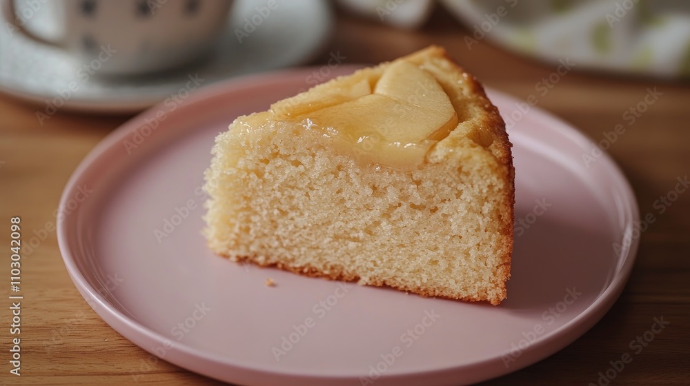 Gluten-free apple sponge cake slice topped with apple slices, presented on a delicate pink plate, with a cozy background setting. Gluten-free apple sponge cake slice topped with apple slices, presented on a delicate pink plate, with a cozy background setting.