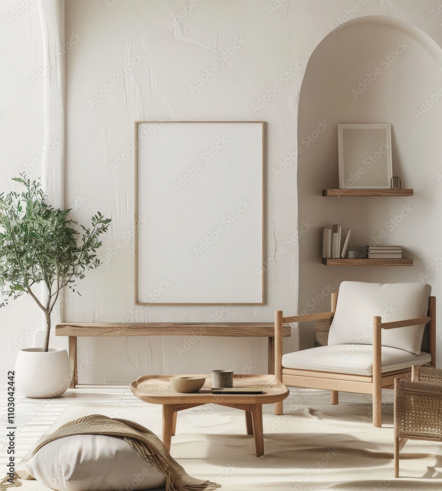Minimalist living room interior with two armchairs. a coffee table. a plant. and a blank canvas mockup in an arched doorway Minimalist living room interior with two armchairs. a coffee table. a plant. and a blank canvas mockup in an arched doorway