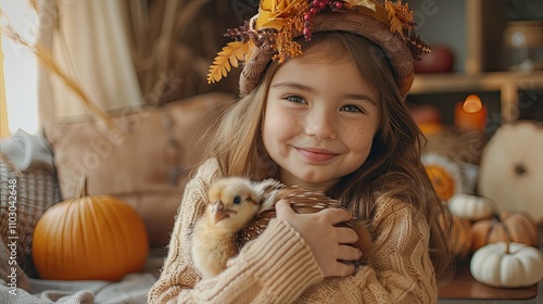 Little Girl Celebrating Thanksgiving, Holding a Small Turkey Plush Toy in a Handmade Feather Crown, Surrounded by Pumpkins and Candles in a Cozy Living Room, Dressed in Warm Autumn Clothes