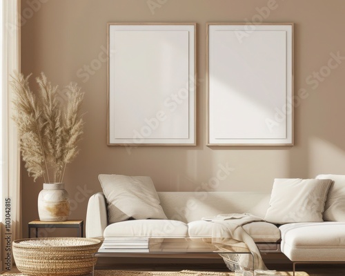 Modern living room interior with beige sofa. wooden coffee table. two framed art prints. beige walls. and beige rug