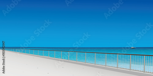 Seaside walkway in sunny day have blue sky background graphic illustration. Traveling in summer concept have blank space.