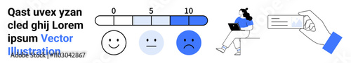 Customer satisfaction tools, including 0-10 rating scale, emoticons from happy to sad, woman working on a laptop, and a review card in hand. Ideal for customer feedback, satisfaction metrics