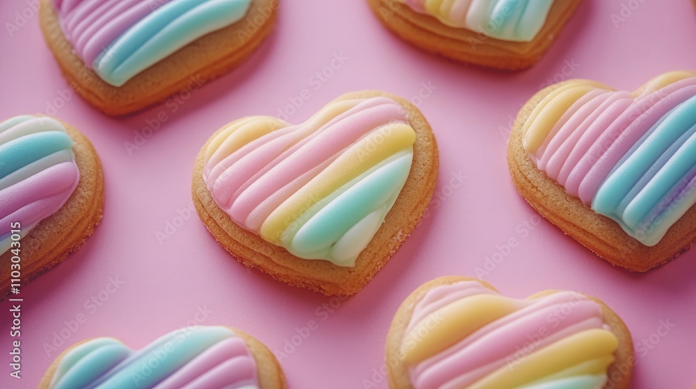 Heart-Shaped Cookies with Colorful Pastel Icing on a Soft Pink Background Ideal for Celebrations or Sweet Treats Heart-Shaped Cookies with Colorful Pastel Icing on a Soft Pink Background Ideal for Celebrations or Sweet Treats
