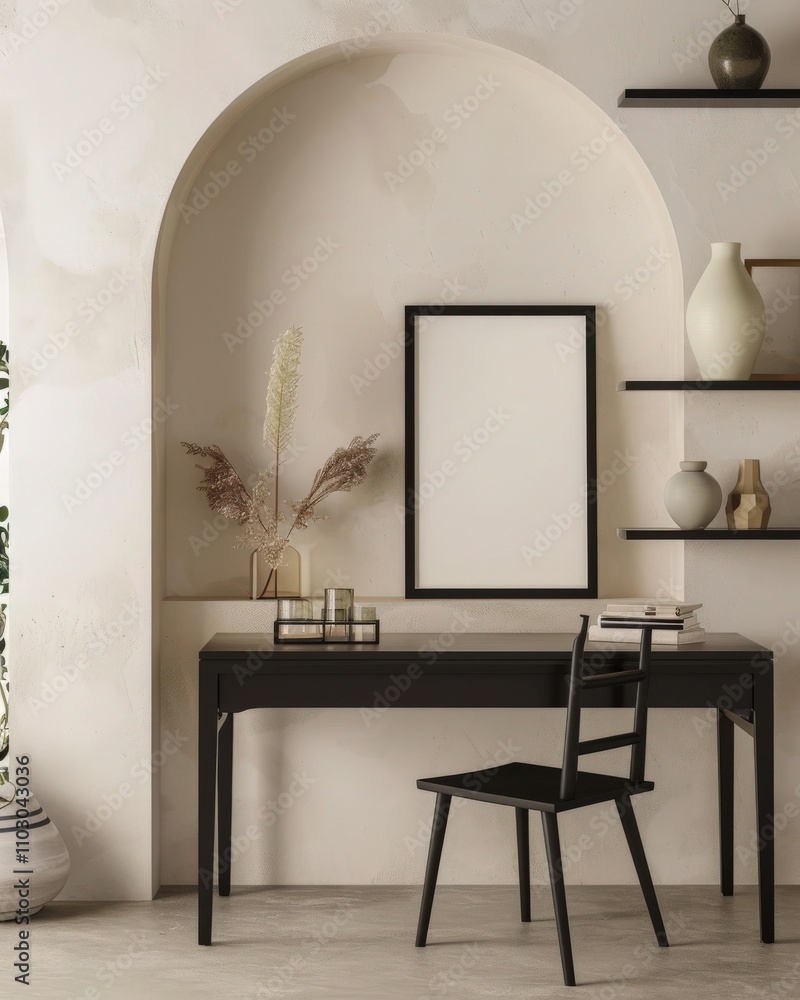 A black table with a blank square frame mockup in front of an arched doorway with a shelf and pampas grass A black table with a blank square frame mockup in front of an arched doorway with a shelf and pampas grass