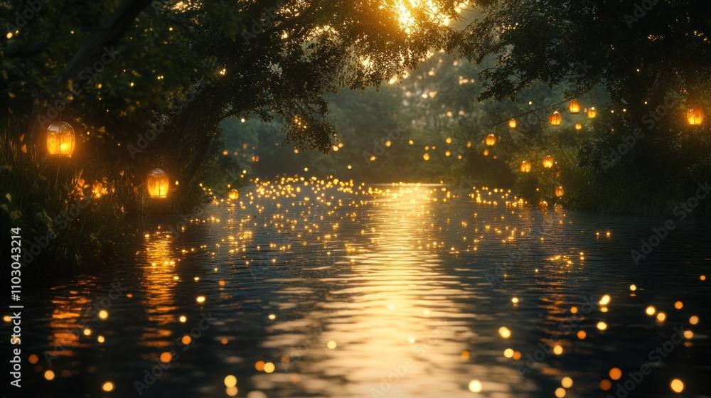 Naklejka premium A magical forest stream with floating lanterns at sunset.