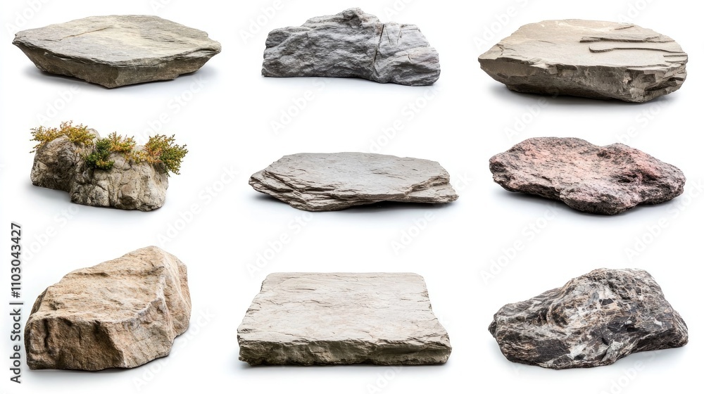 Variety of flat rock platforms for product display featuring diverse textures and colors, arranged in a grid format against a clean white background. Variety of flat rock platforms for product display featuring diverse textures and colors, arranged in a grid format against a clean white background.
