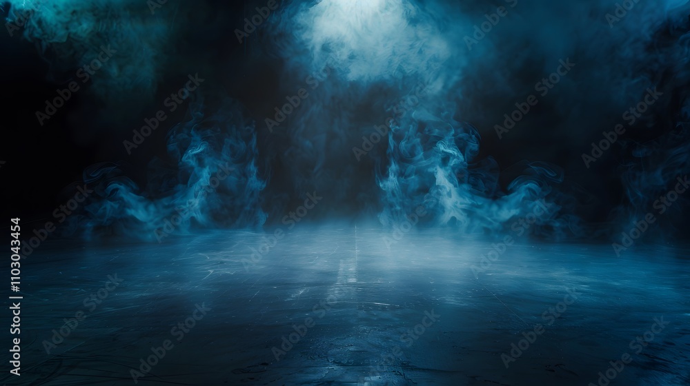 Blue Smoke Fills Dark Room Above Floor Blue Smoke Fills Dark Room Above Floor