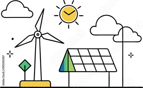 solar energy and wind power concept, solar panel, line art vector illustration