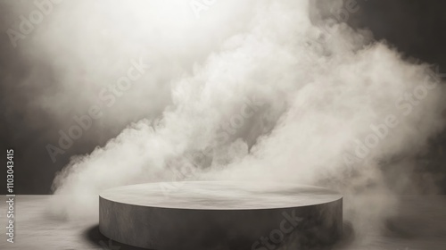 A vacant circular podium emerges from a swirling mist, creating a dramatic and ethereal atmosphere ideal for product showcases.