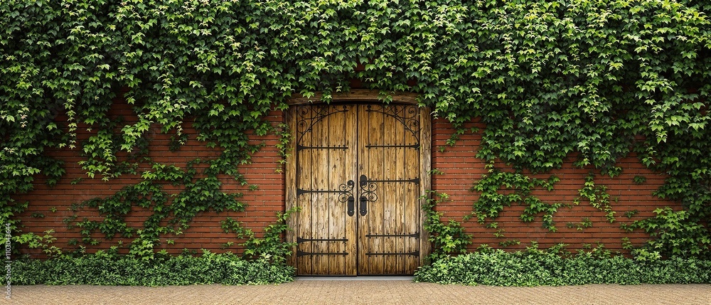 Red brick wall covered in ivy and greenery behind an old wooden gate, moss, ivy, antique details., country houses