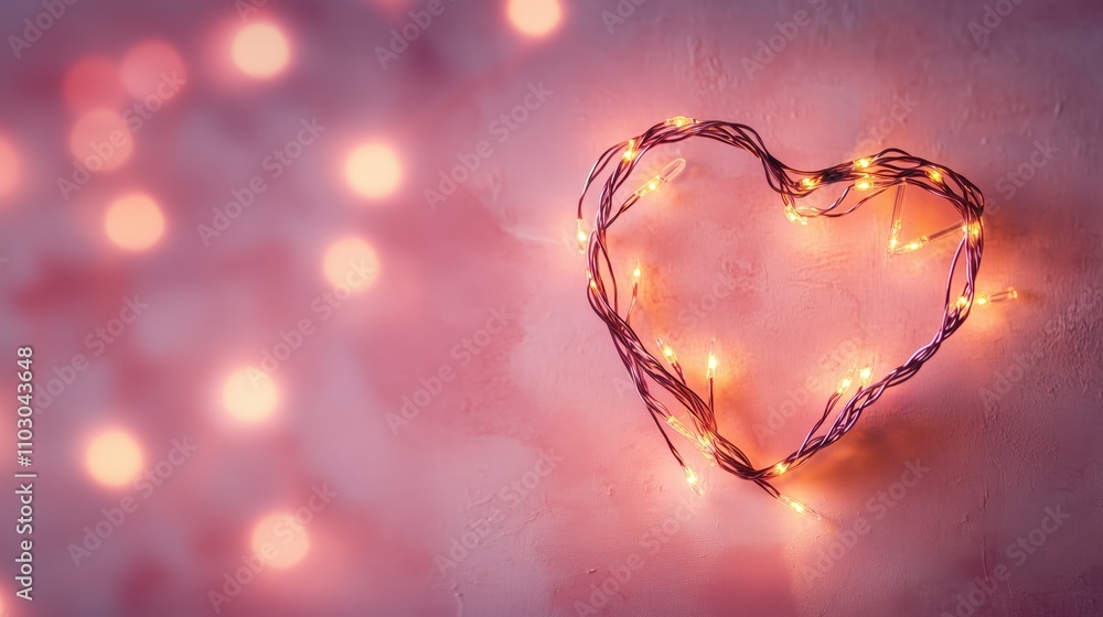 A glowing heart made of string lights on a textured pastel pink surface. A glowing heart made of string lights on a textured pastel pink surface.