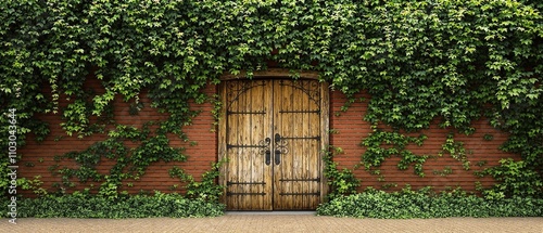 Red brick wall covered in ivy and greenery behind an old wooden gate, moss, ivy, antique details., country houses photo