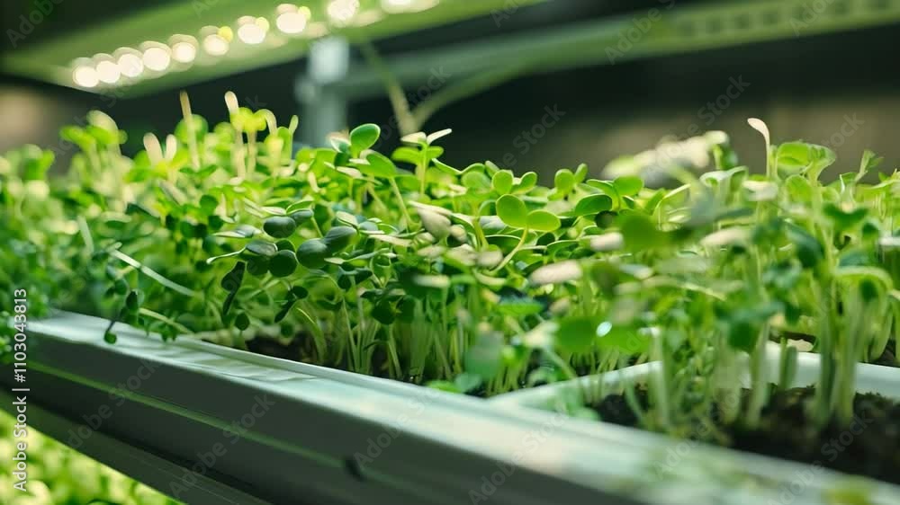Closeup of modern indoor garden with row of potted microgreens illuminated by a specialized grow light. Various green plants thrive under this artificial lighting. Closeup of modern indoor garden with row of potted microgreens illuminated by a specialized grow light. Various green plants thrive under this artificial lighting.