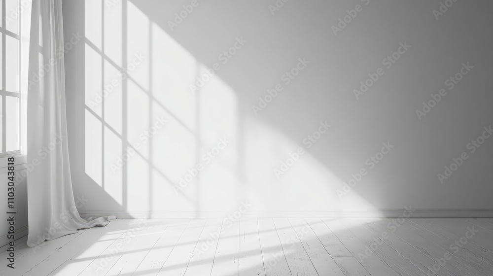 Fototapeta premium Bright minimalist white room showcasing wooden flooring, large window casting soft shadows, and abundant empty space suitable for diverse background applications.