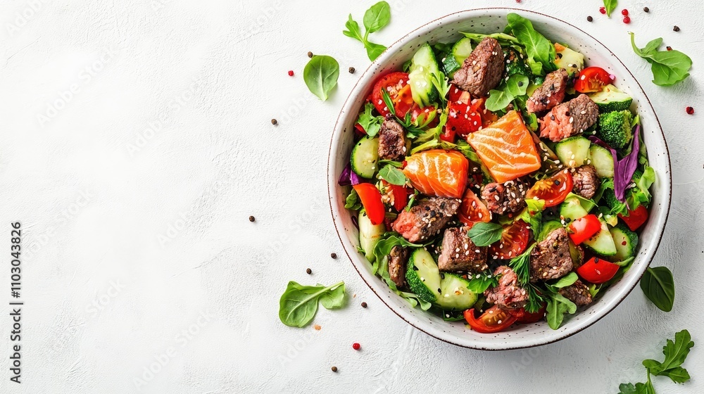 Colorful beef and vegetable salad topped with salmon poke in a bowl, featuring fresh ingredients and ample copy space on a white background. Colorful beef and vegetable salad topped with salmon poke in a bowl, featuring fresh ingredients and ample copy space on a white background.