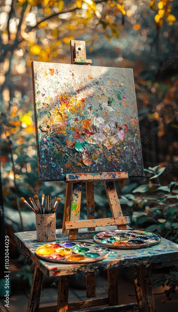 An art easel with a colorful canvas stands in a lush garden, surrounded by paint palettes and brushes, illuminated by warm sunlight. An art easel with a colorful canvas stands in a lush garden, surrounded by paint palettes and brushes, illuminated by warm sunlight.