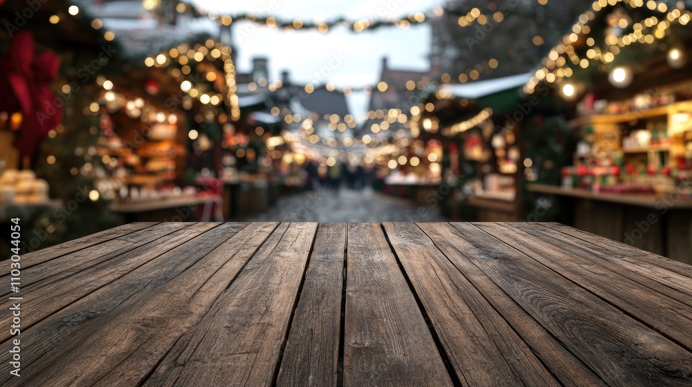 Festive market scene with a rustic wooden table in the foreground, perfect for product display mockups amidst twinkling lights and holiday decorations. Festive market scene with a rustic wooden table in the foreground, perfect for product display mockups amidst twinkling lights and holiday decorations.