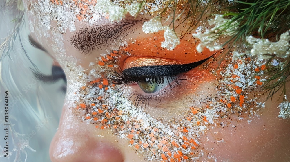 Fototapeta premium Close-up of a woman's eye adorned with intricate orange and silver makeup, featuring dramatic eyeliner and floral accents in her hair.
