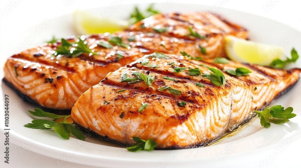 Close-up view of grilled salmon fillets garnished with fresh parsley and lemon, elegantly plated for a fine dining presentation. Close-up view of grilled salmon fillets garnished with fresh parsley and lemon, elegantly plated for a fine dining presentation.
