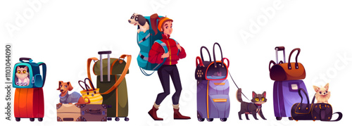 Pet travel equipment set with cat carriers, luggage bags, suitcases, woman carrying dog in backpack. Companion animals - puppy, black feline, ginger kitten, dachshund with transportation for trip.