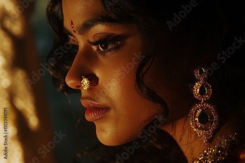 Side profile of an Indian woman wearing a nath (nose ring) with just the jewelry highlighted in gold photo