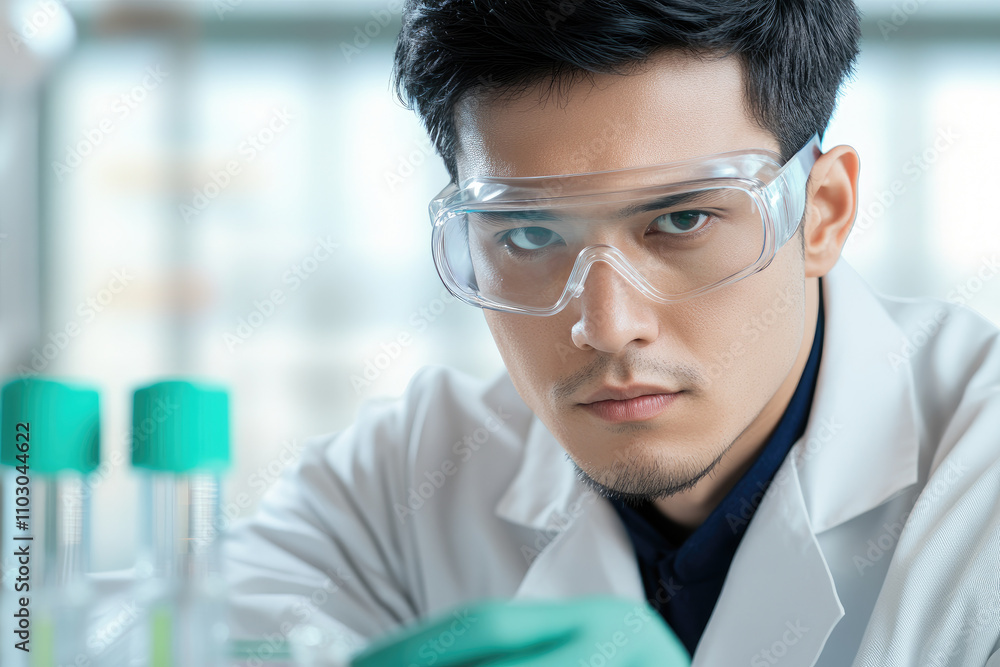 Scientist conducting experiments with a test tube, dressed in a lab coat and safety goggles, focused on research and innovation. Scientist conducting experiments with a test tube, dressed in a lab coat and safety goggles, focused on research and innovation.