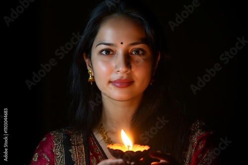 An Indian woman carrying a diya (lamp) in her hand, with the flame subtly glowing against a dark background