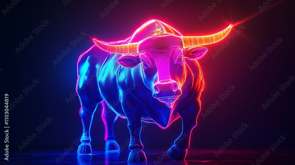 Neon Bull Glowing Financial 3D Market Symbol Futuristic Icon Lights Illustration Neon Bull Glowing Financial 3D Market Symbol Futuristic Icon Lights Illustration