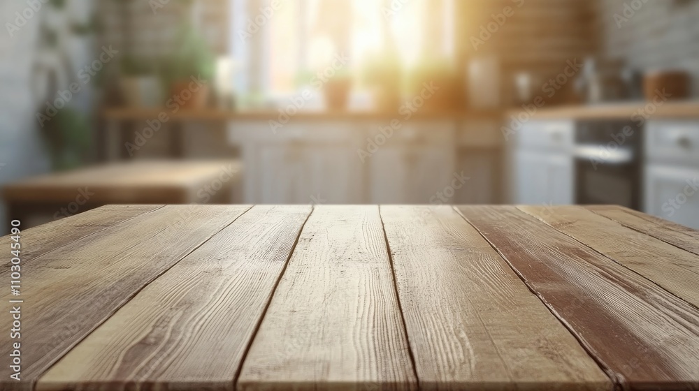 Wooden tabletop in a sunlit kitchen with a soft, blurred background creating a perfect setting for product display and photography. Wooden tabletop in a sunlit kitchen with a soft, blurred background creating a perfect setting for product display and photography.