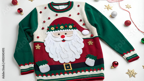Ugly Sweater Christmas New Year isolated on white background.Classic Ugly Christmas Sweater with 3D Santa Claus Design and Festive Bells Isolated on White Background
