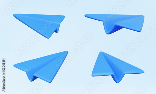 Set of blue paper airplane 3D vector icon symbol freedom target creative vision leadership business financial planning concept. innovation email fly send message social media. 