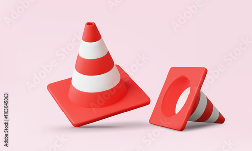 Red traffic cones icon on pink background. construction industrial accident prevention concept. sign symbol warning safety, Cartoon minimal cute smooth. 3d vector elements