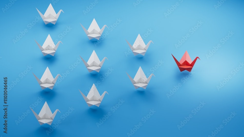 Different business concept.new ideas. paper art style. creative idea.red leader swan, standing out from the crowd of white swans.3D rendering on blue background. Different business concept.new ideas. paper art style. creative idea.red leader swan, standing out from the crowd of white swans.3D rendering on blue background.