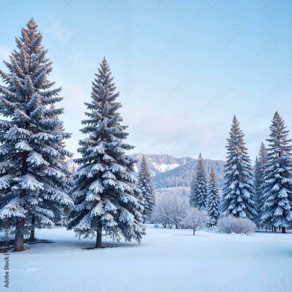 Snow-covered pine trees in a serene mountain landscape, winter calm Snow-covered pine trees in a serene mountain landscape, winter calm