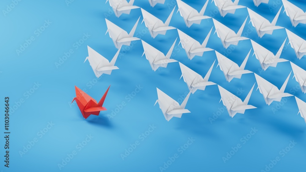Different business concept.new ideas. paper art style. creative idea.red leader swan, standing out from the crowd of white swans.3D rendering on blue background. Different business concept.new ideas. paper art style. creative idea.red leader swan, standing out from the crowd of white swans.3D rendering on blue background.