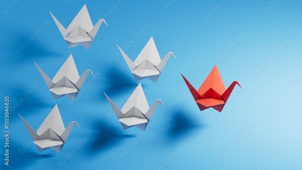 Different business concept.new ideas. paper art style. creative idea.red leader swan, standing out from the crowd of white swans.3D rendering on blue background. Different business concept.new ideas. paper art style. creative idea.red leader swan, standing out from the crowd of white swans.3D rendering on blue background.