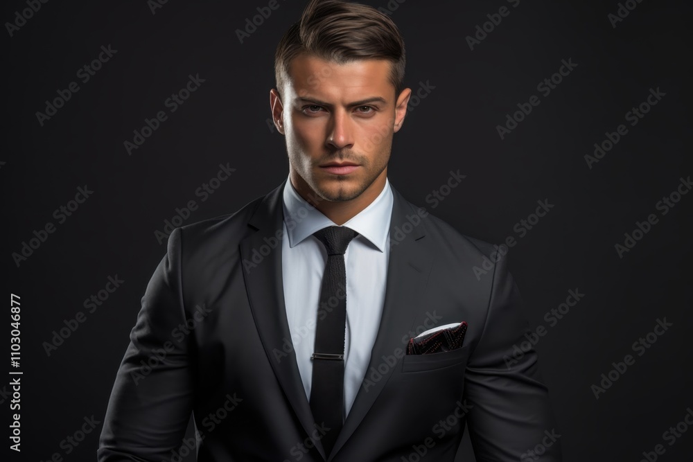 A man in a suit and tie is standing in front of a black background A man in a suit and tie is standing in front of a black background