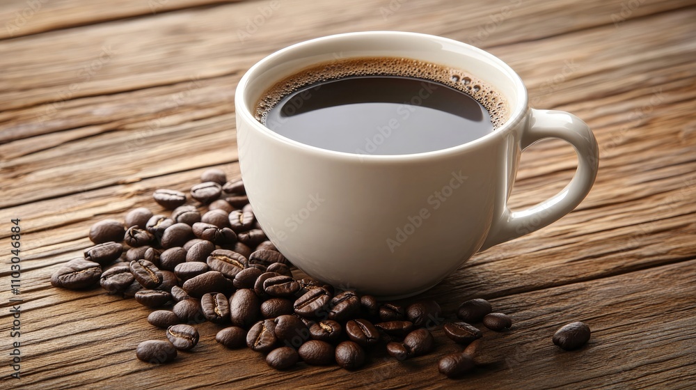 Coffee cup surrounded by roasted coffee beans on a rustic wooden table showcasing rich dark tones and selective focus on texture and detail. Coffee cup surrounded by roasted coffee beans on a rustic wooden table showcasing rich dark tones and selective focus on texture and detail.