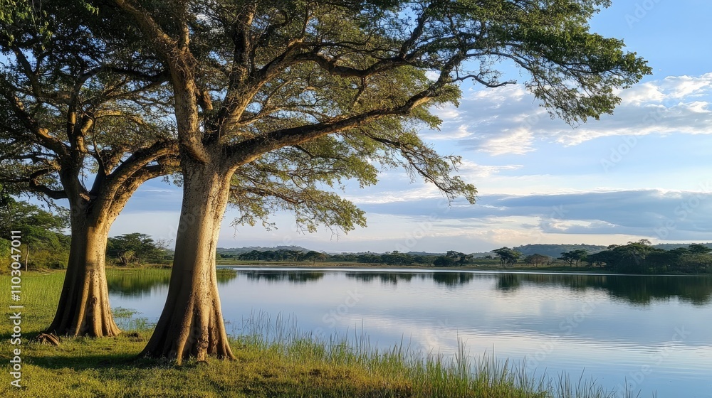 Baobab trees beside a serene lake reflecting the vibrant colors of a tropical landscape under a clear sky with scattered clouds. Baobab trees beside a serene lake reflecting the vibrant colors of a tropical landscape under a clear sky with scattered clouds.